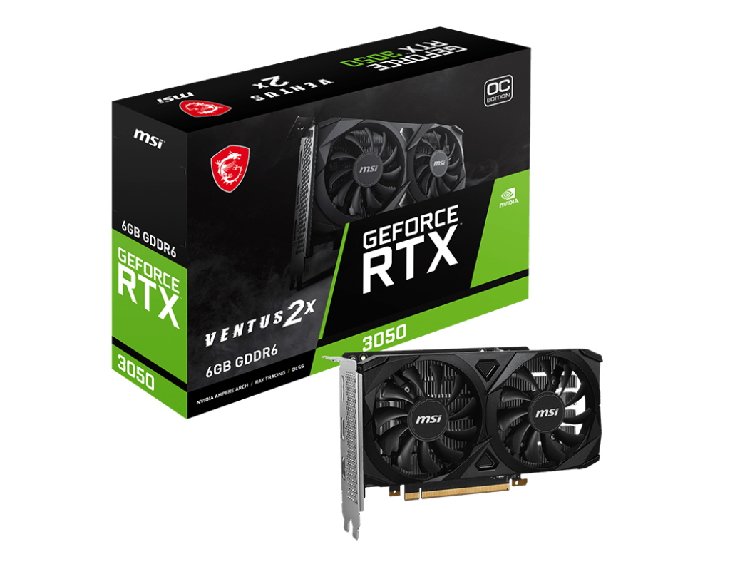 NVIDIA GeForce RTX 3050 6GB graphics card full view with dual fan cooling design