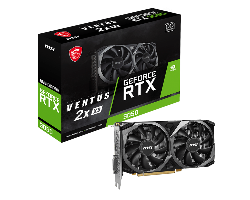 NVIDIA GeForce RTX 3050 graphics card full view with dual fan cooling and compact design