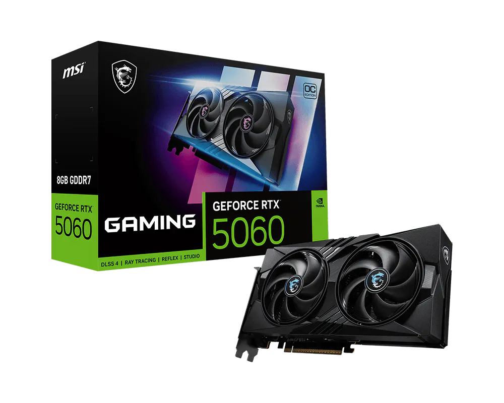 NVIDIA GeForce RTX 5060 8GB OC graphics card full view with triple fan cooling design