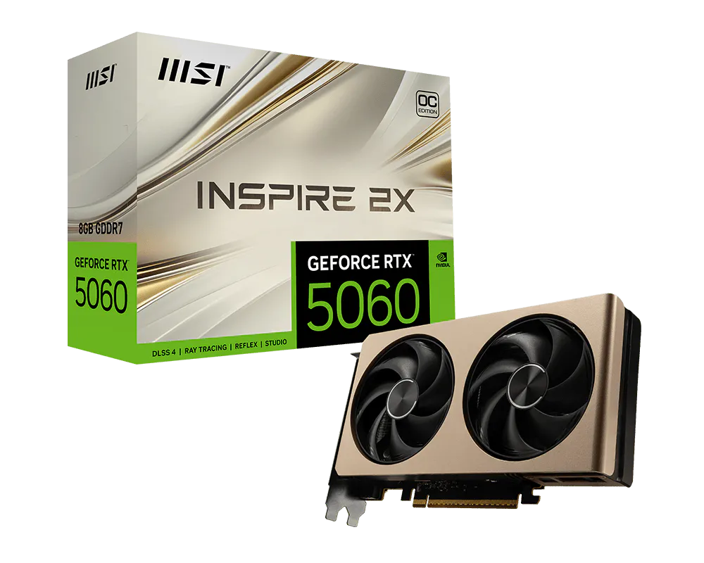 NVIDIA GeForce RTX 5060 8GB OC graphics card full view with dual fan cooling design