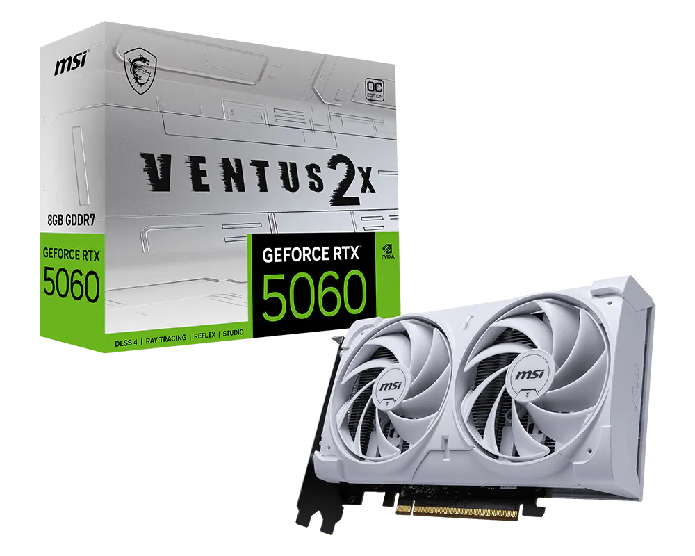 NVIDIA GeForce RTX 5060 8GB V OC white graphics card full view with dual fan cooling design