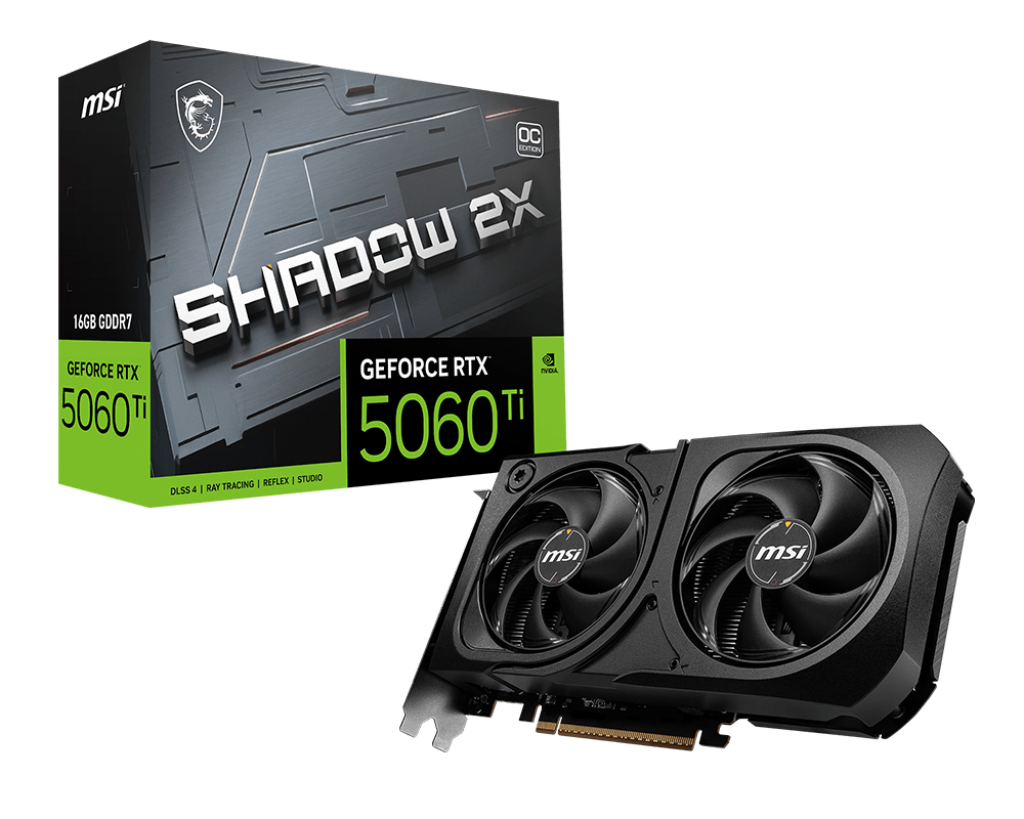 NVIDIA GeForce RTX 5060 Ti 16GB graphics card full view with triple fan cooling design