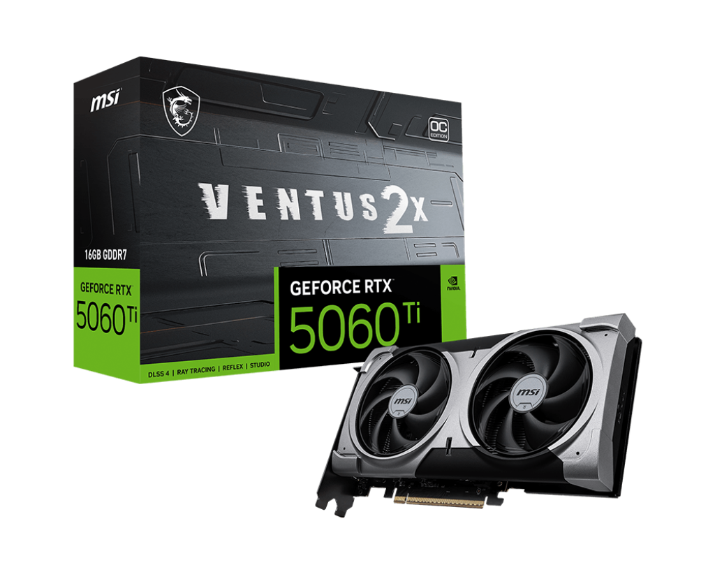NVIDIA GeForce RTX 5060 Ti 16GB graphics card full view with triple fan cooling design