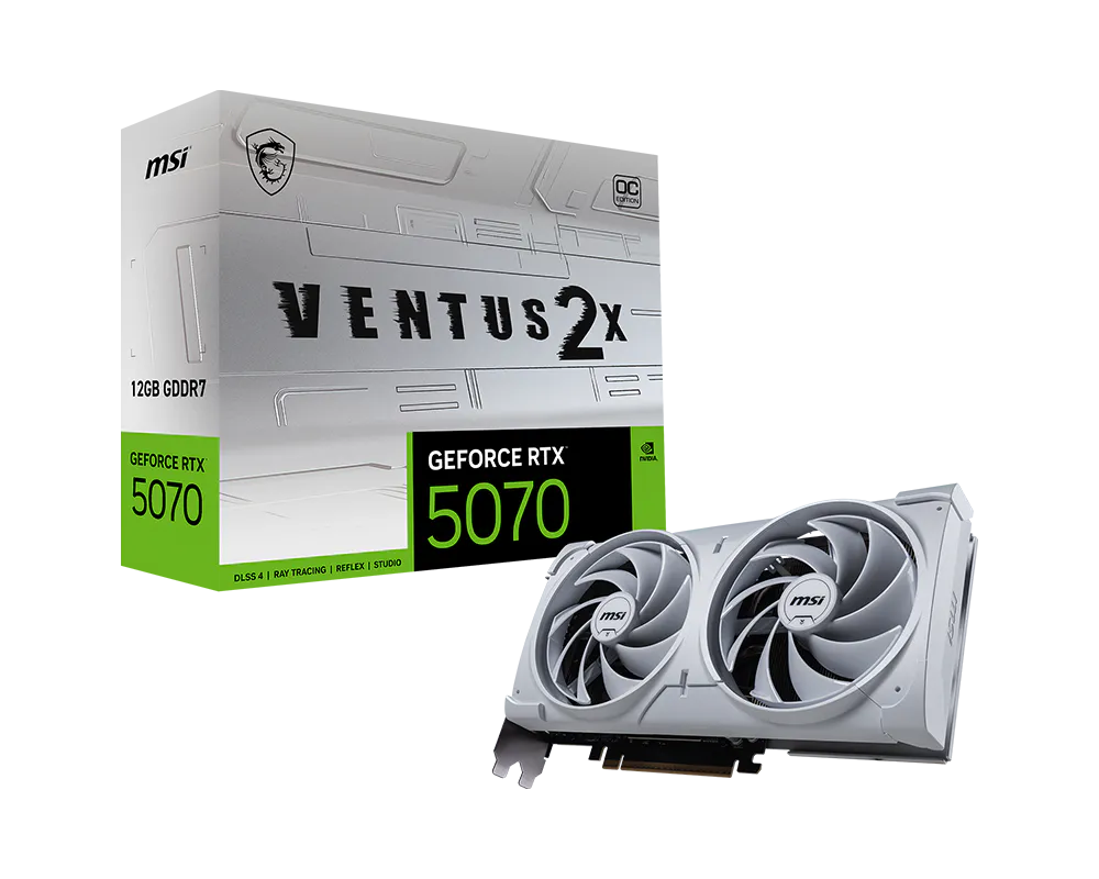 NVIDIA GeForce RTX 5070 12GB V2X OC white graphics card full view with dual fan cooling design