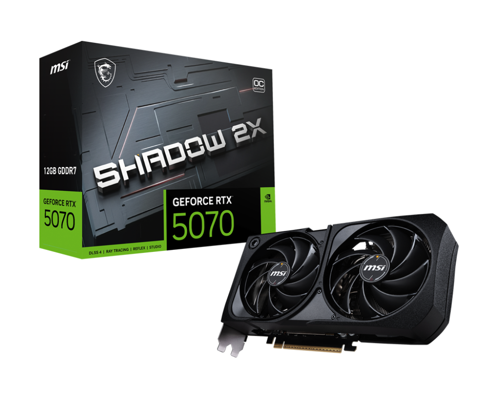 NVIDIA GeForce RTX 5070 Super graphics card full view with dual fan cooling design