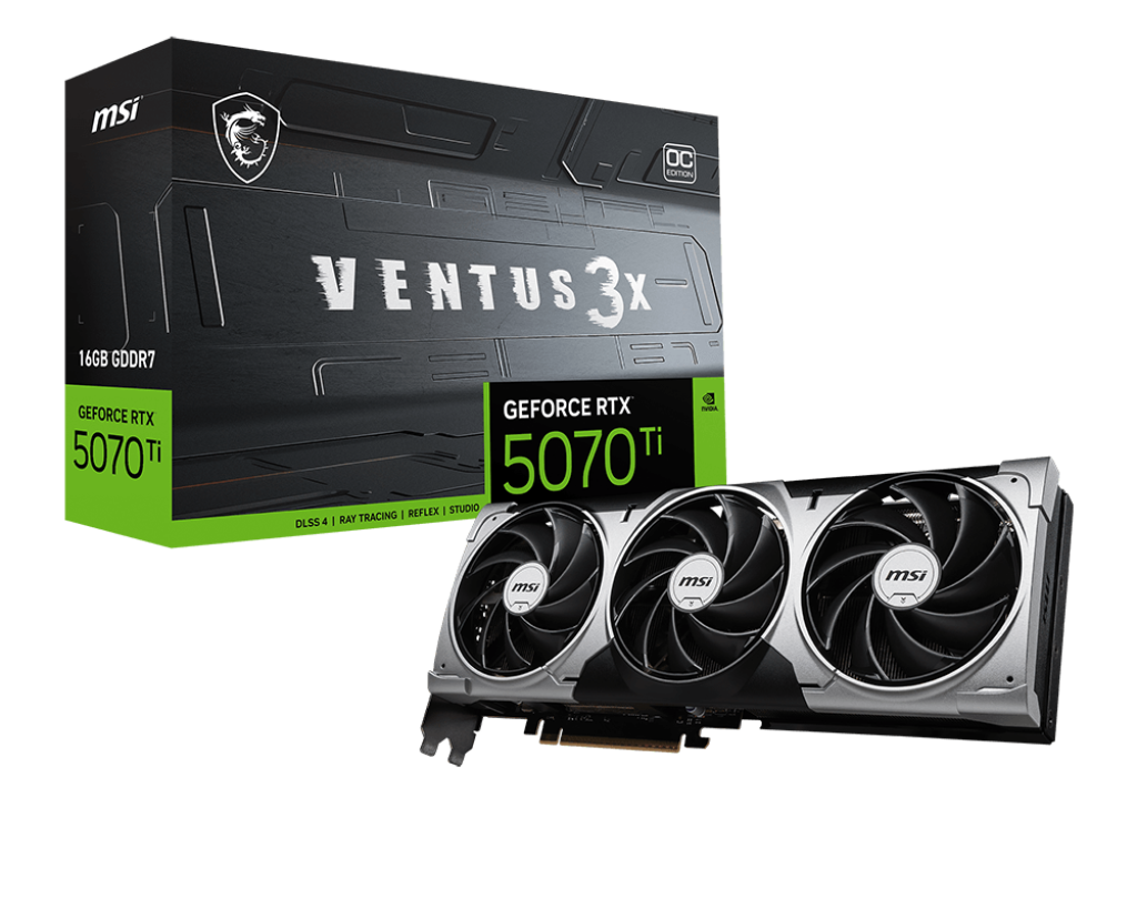 NVIDIA GeForce RTX 5070 Ti 16GB graphics card full view with triple fan cooling design