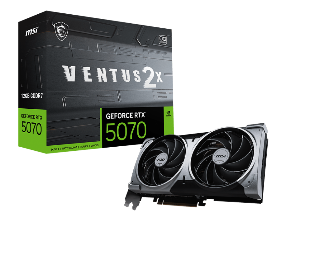NVIDIA GeForce RTX 5070 graphics card full view with dual fan cooling design