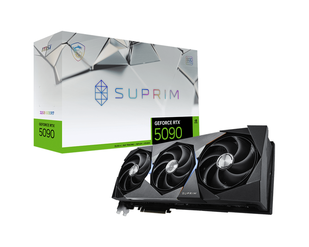 NVIDIA GeForce RTX 5090 Super graphics card full view with advanced cooling design