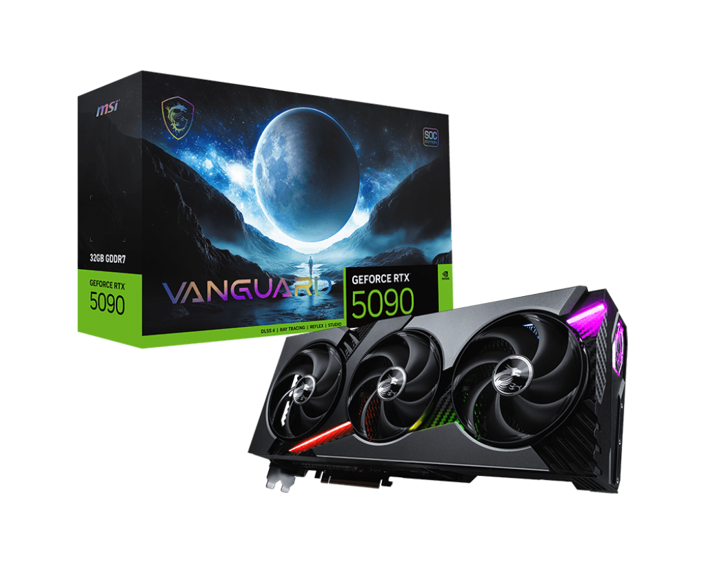 NVIDIA GeForce RTX 5090 graphics card full view with advanced multi fan cooling design