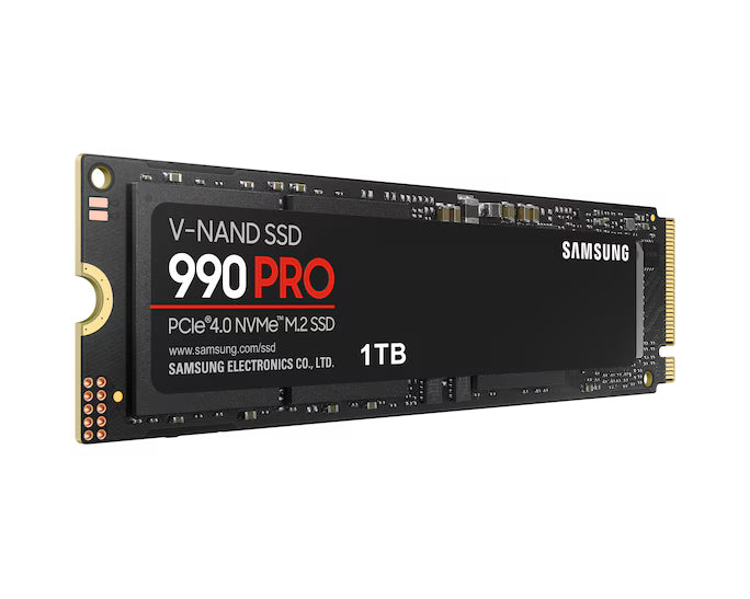 Top view of the Samsung 990 PRO 1TB/2TB SSD with the sleek black heat spreader label