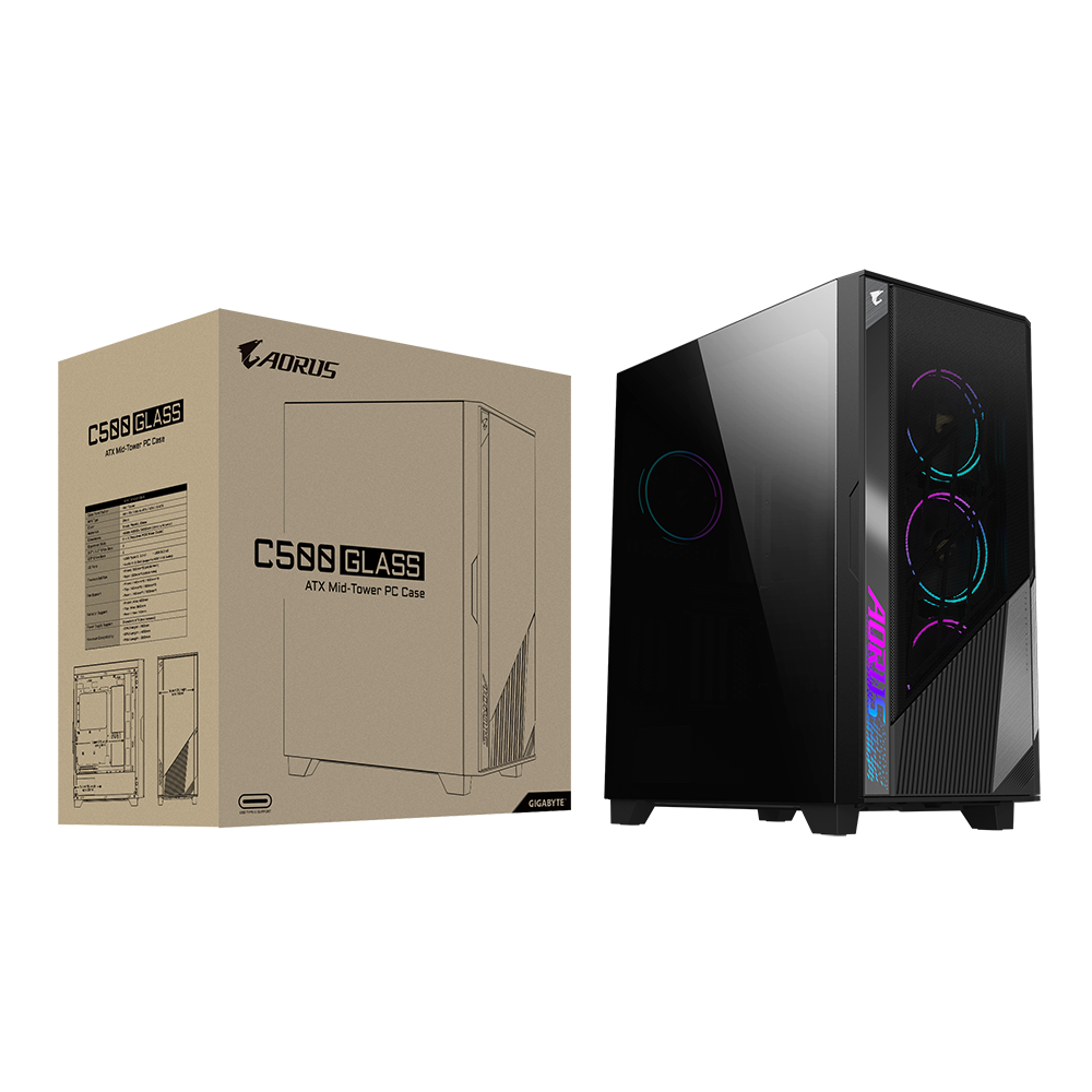 Gigabyte AORUS C500 GLASS Mid-Tower E-ATX / ATX / Micro-ATX / Mini-ITX Gaming Cabinet — Black (4× 120mm ARGB Fans)