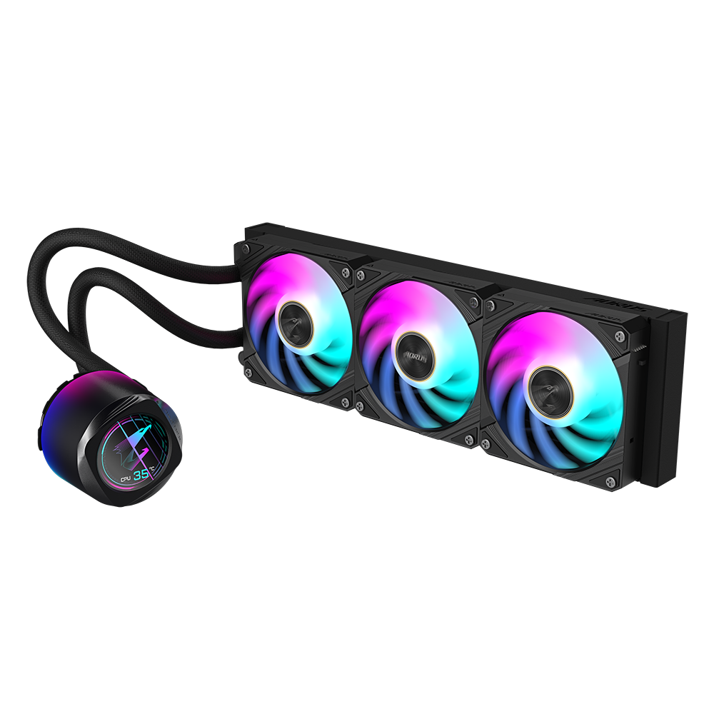Gigabyte AORUS WATERFORCE X II 360 Liquid CPU Cooler Front View Featuring Customizable LCD Display
