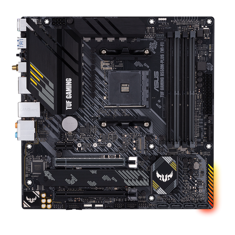 ASUS TUF Gaming B550-Plus Wi-Fi motherboard front view with AM4 socket and PCIe slots