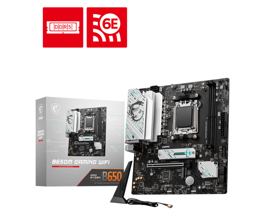 Gigabyte B650M Gaming WiFi motherboard full layout with DDR5 RAM slots and AMD AM5 socket