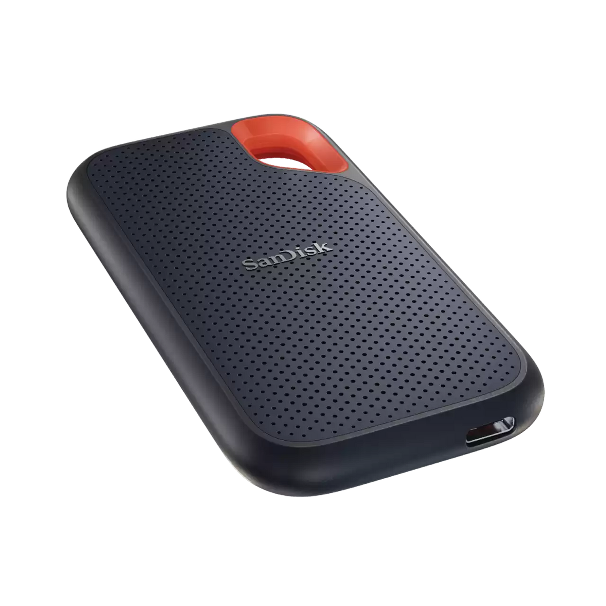 Angled Perspective of Black SanDisk Extreme Portable SSD showing Carabiner Loop