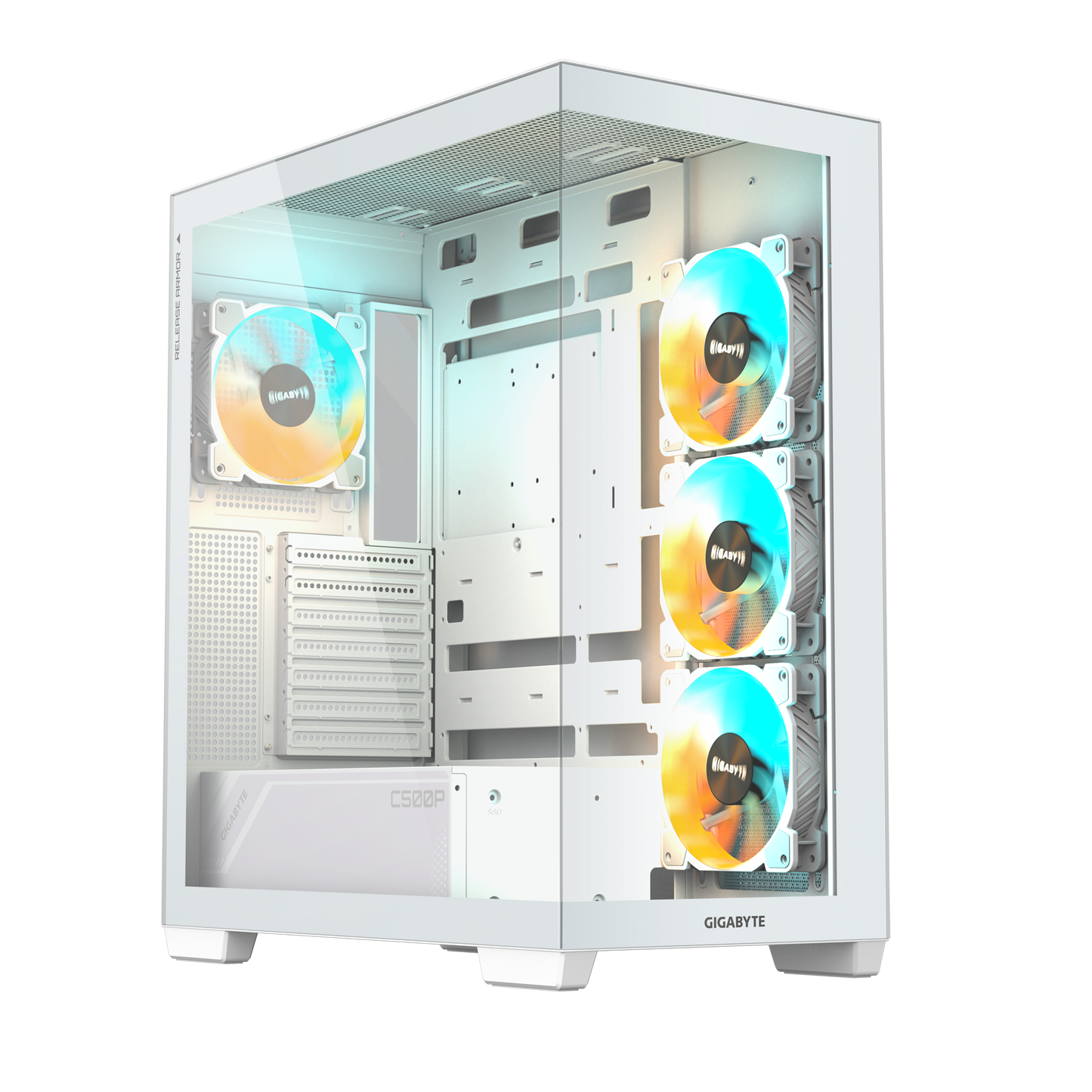 Gigabyte C500 Panoramic Stealth ICE Front View featuring the Dual-Sided Seamless Glass Design