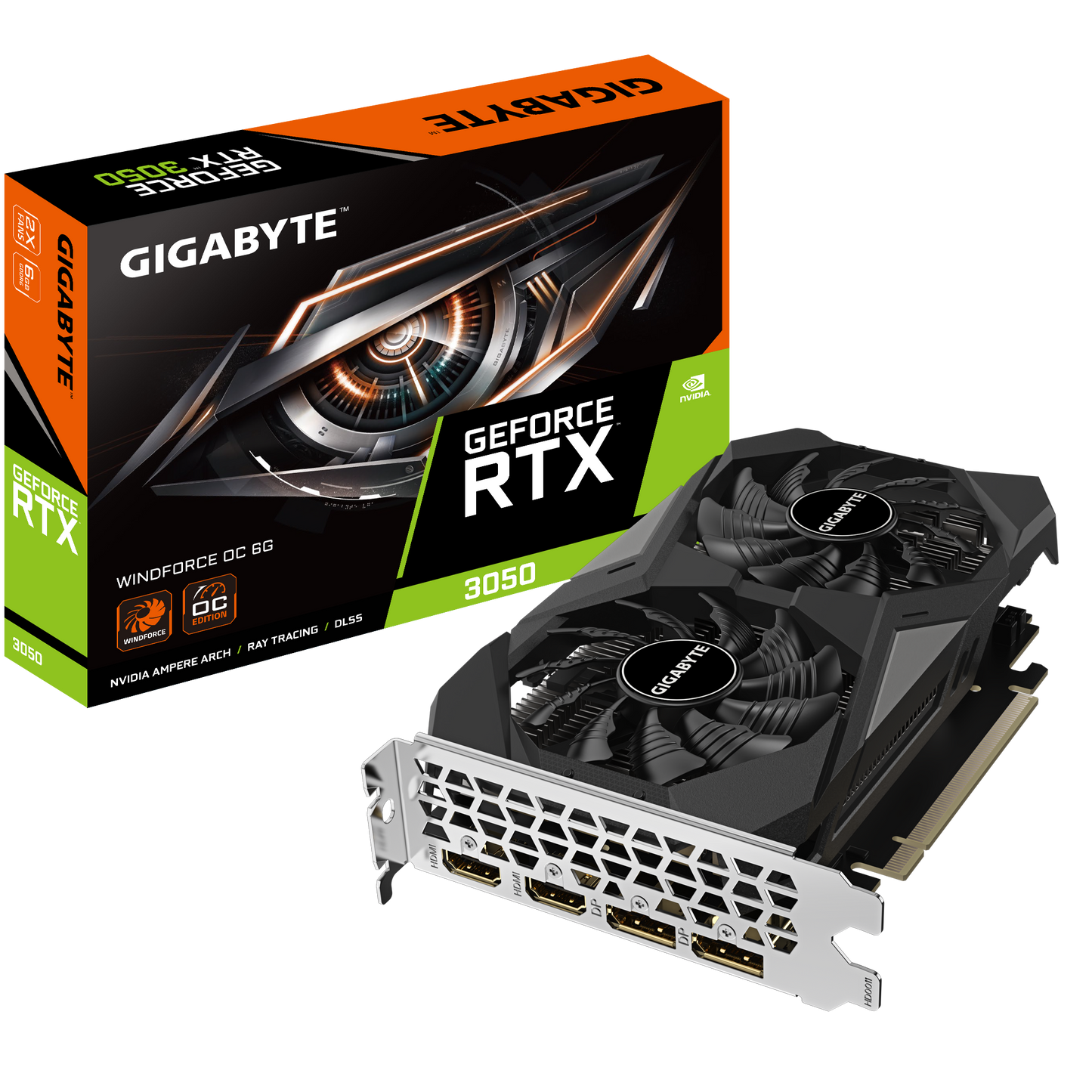 Gigabyte GeForce RTX 3050 WINDFORCE OC 6GB Graphics Card and Retail Packaging