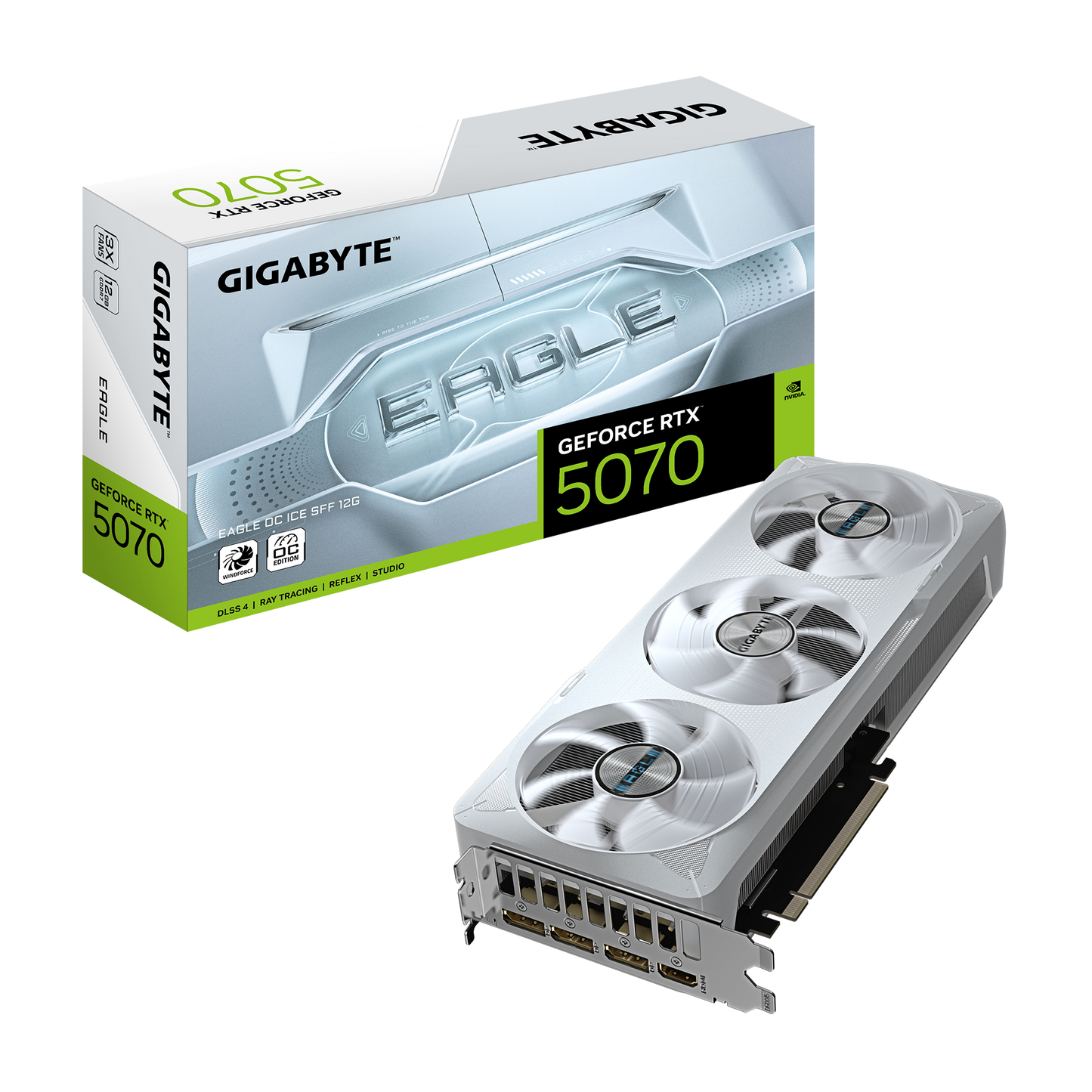 Gigabyte GeForce RTX 5070 Eagle OC Ice SFF 12G graphics card featuring a stunning all-white triple-fan design.
