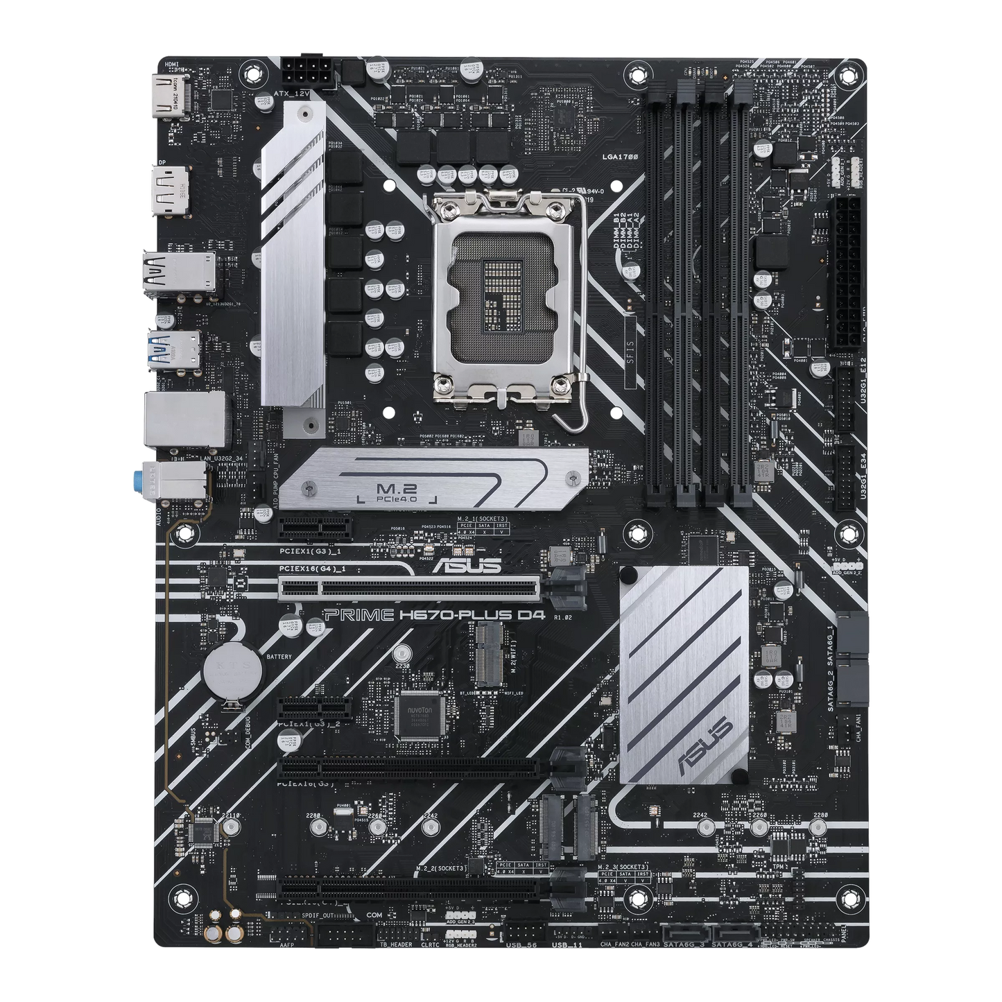 ASUS Prime H670-Plus D4 motherboard full ATX layout with Intel LGA 1700 socket and H670 chipset