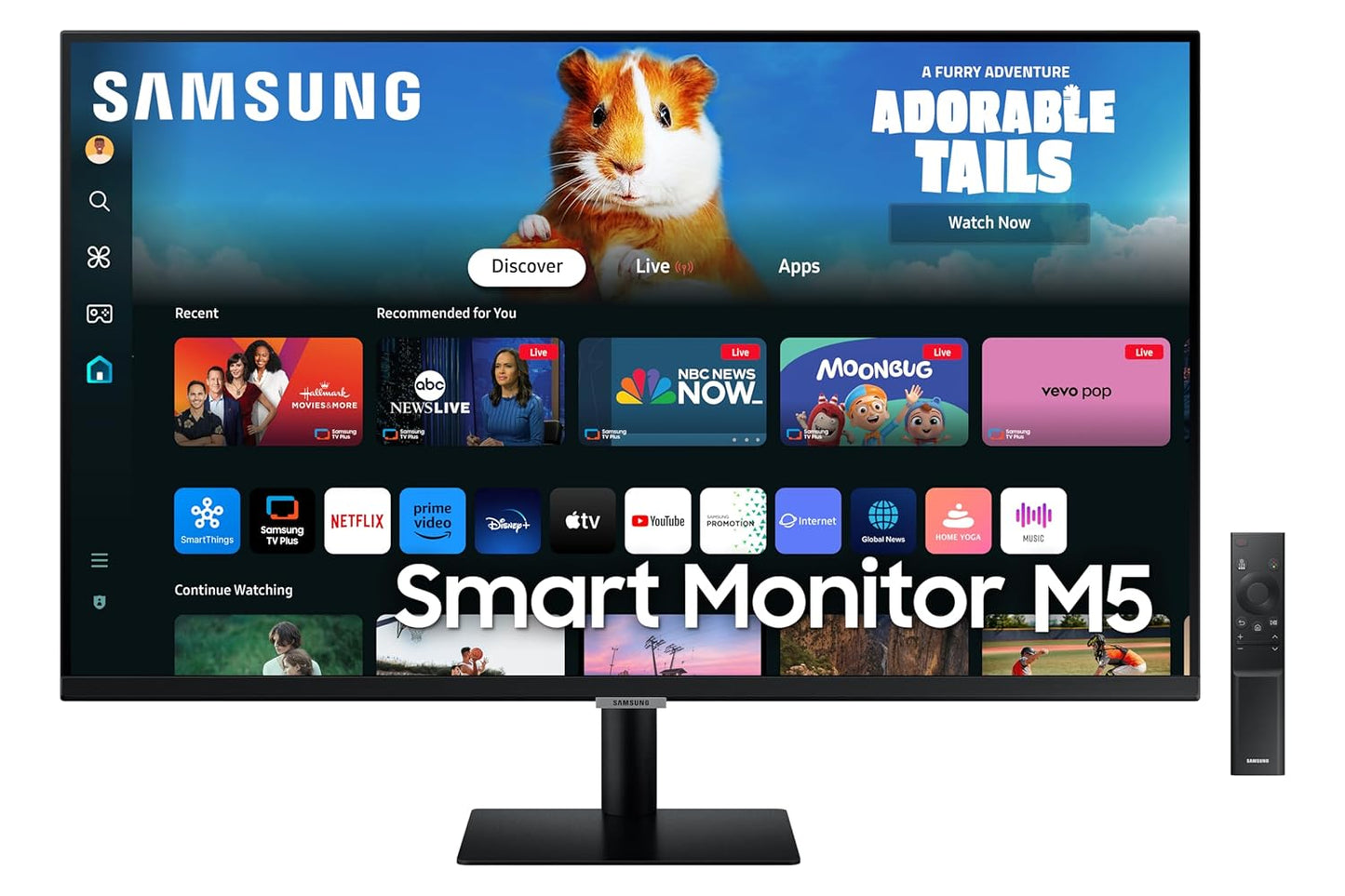 Samsung M5 27-inch Full HD Smart Monitor in Black, featuring built-in streaming apps, Wi-Fi connectivity, and a minimalist design.