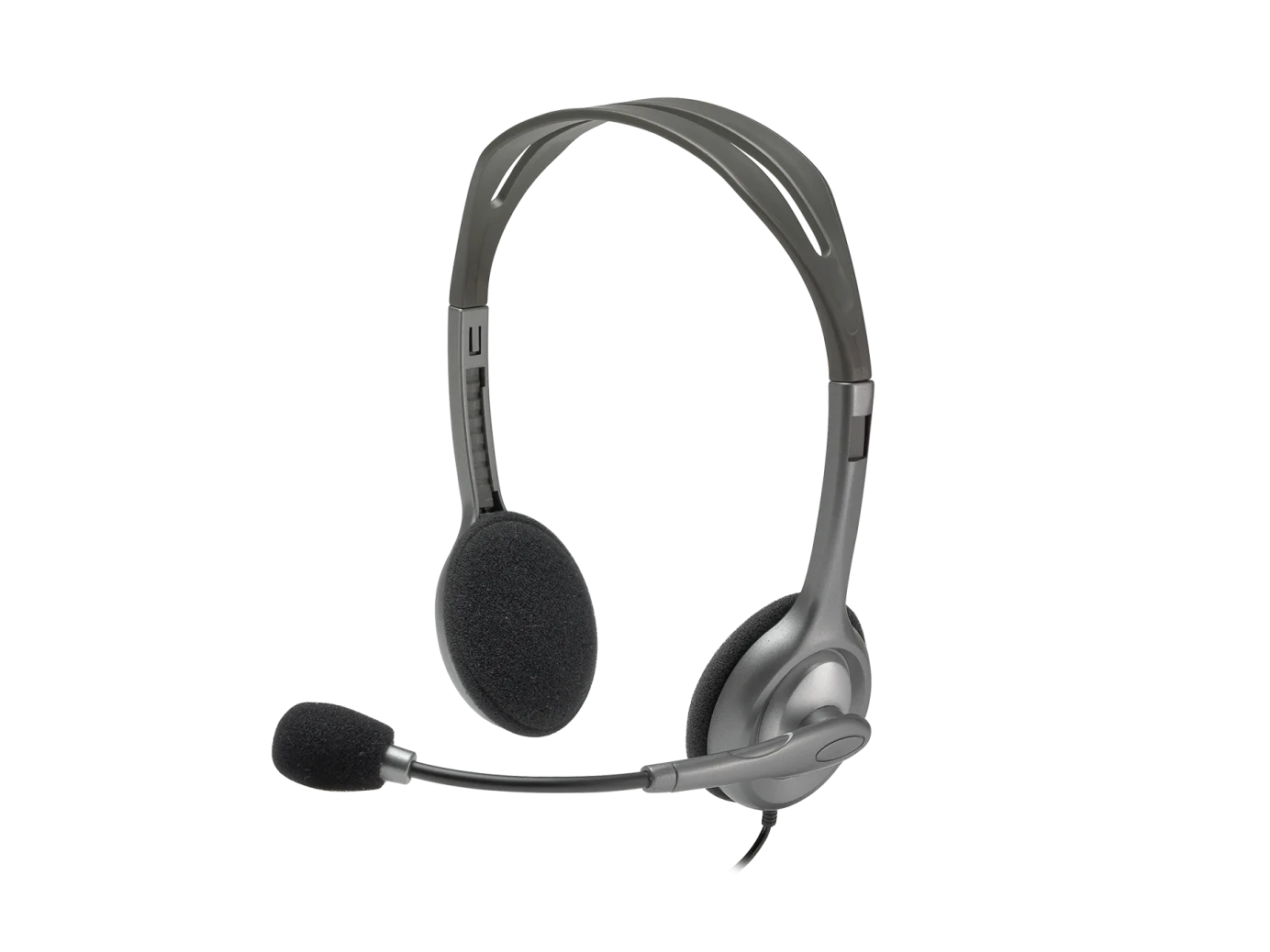 Logitech H110 Stereo Headset featuring a classic grey design with an adjustable noise-canceling microphone