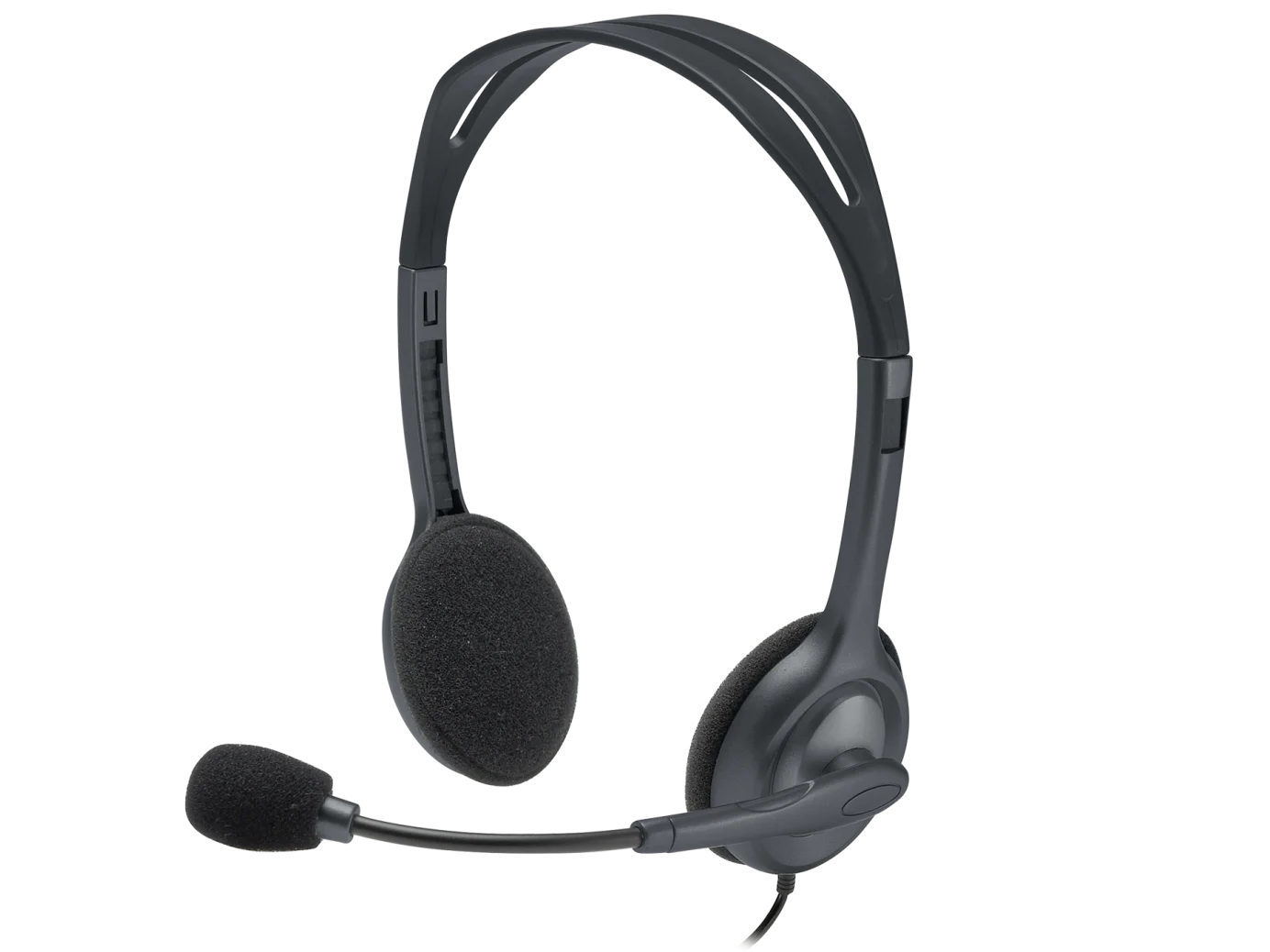 Logitech H111 Stereo Headset in graphite featuring a universal 3.5mm audio jack and noise-canceling microphone