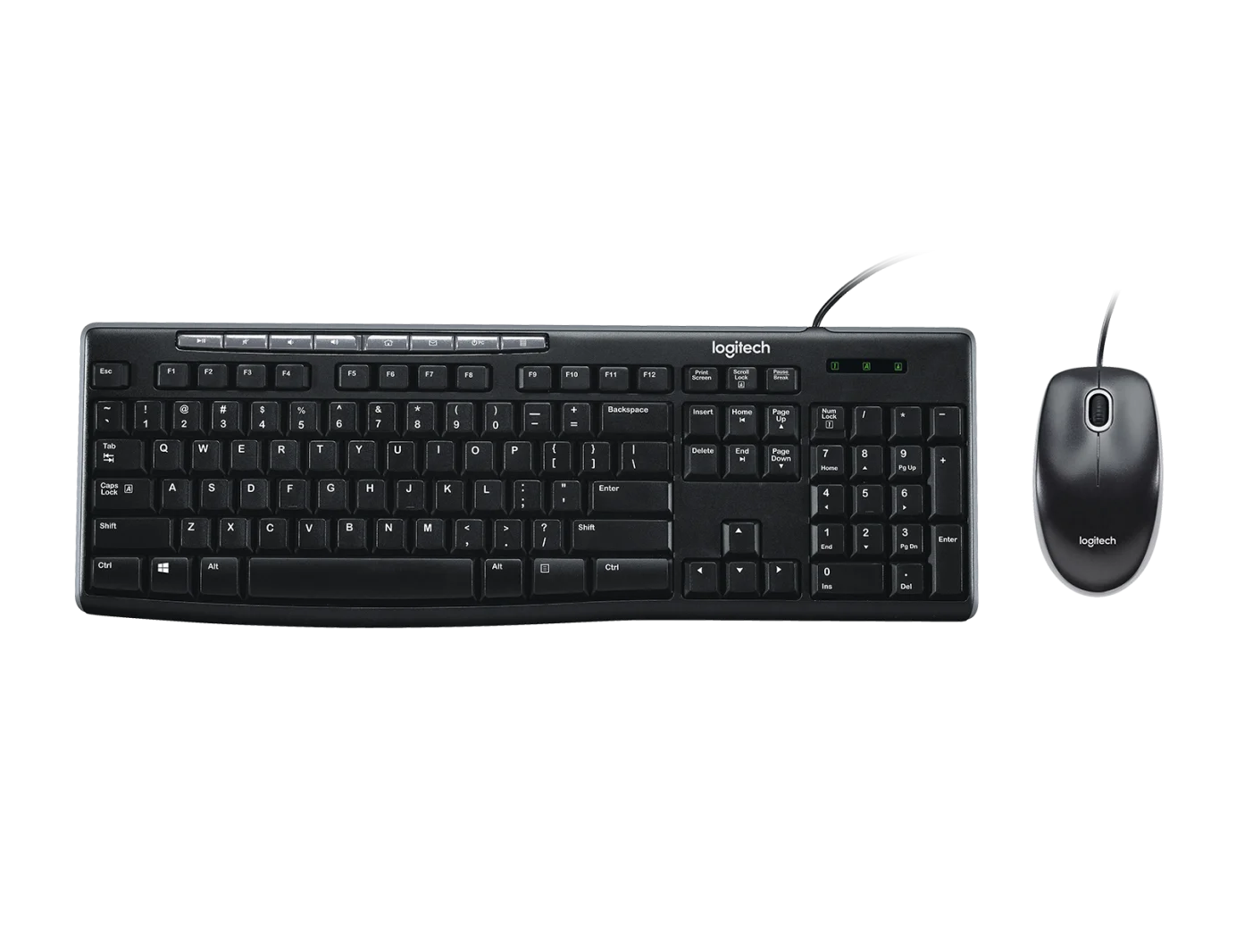Logitech MK200 Media Combo featuring a full-size corded keyboard with dedicated media hotkeys and an optical mouse.