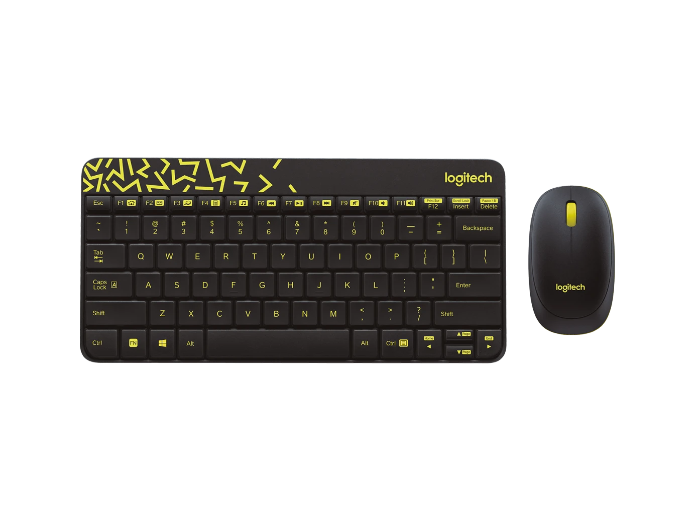 Logitech MK240 Nano Wireless Keyboard and Mouse Combo in Black and Chartreuse Yellow featuring a space-saving design.
