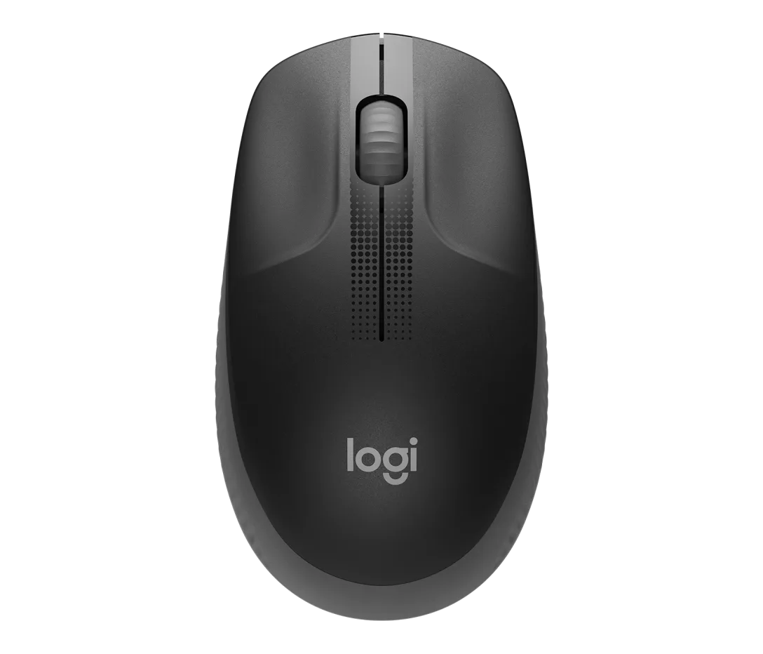 Logitech M190 full-size wireless mouse in Charcoal with contoured design