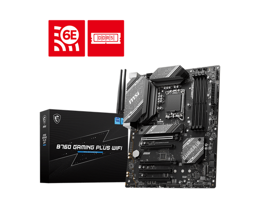 MSI B760 Gaming Plus WiFi motherboard full layout with DDR5 RAM slots and Intel LGA 1700 socket