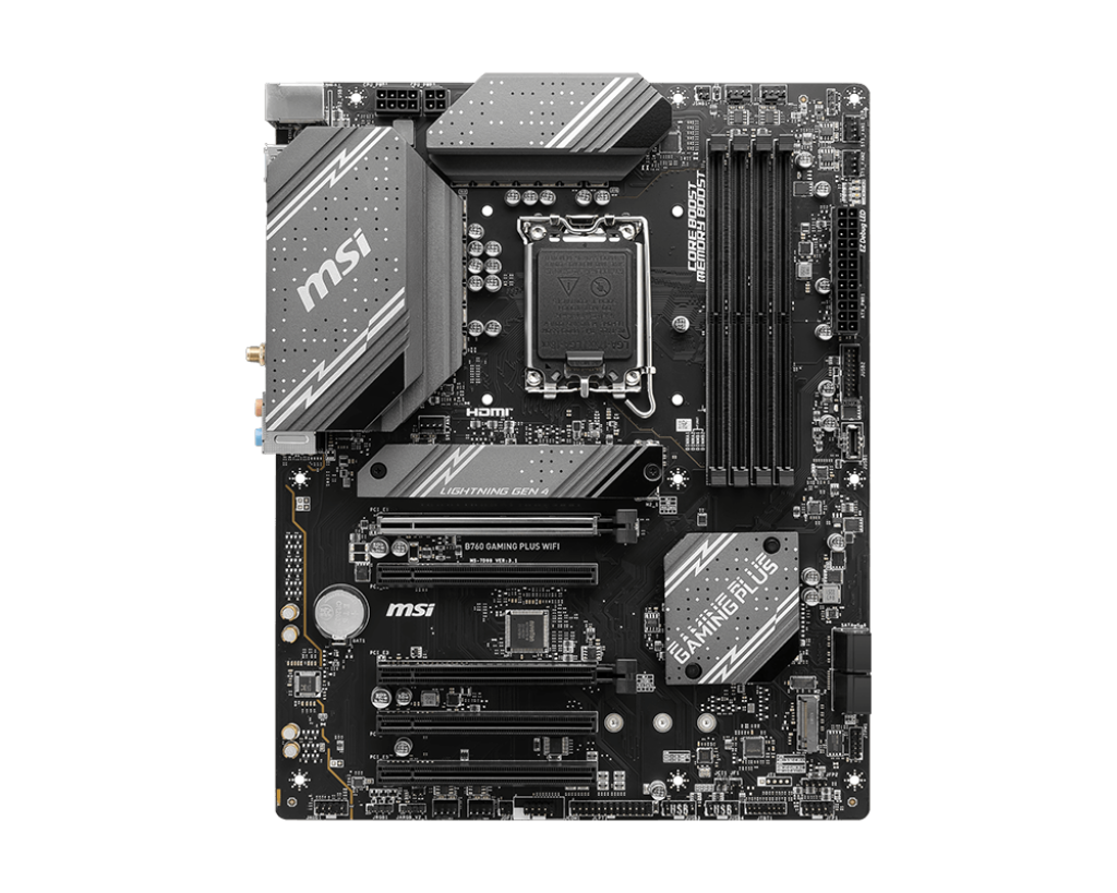 MSI B760 Gaming Plus WiFi motherboard full layout with DDR5 RAM slots and Intel LGA 1700 socket