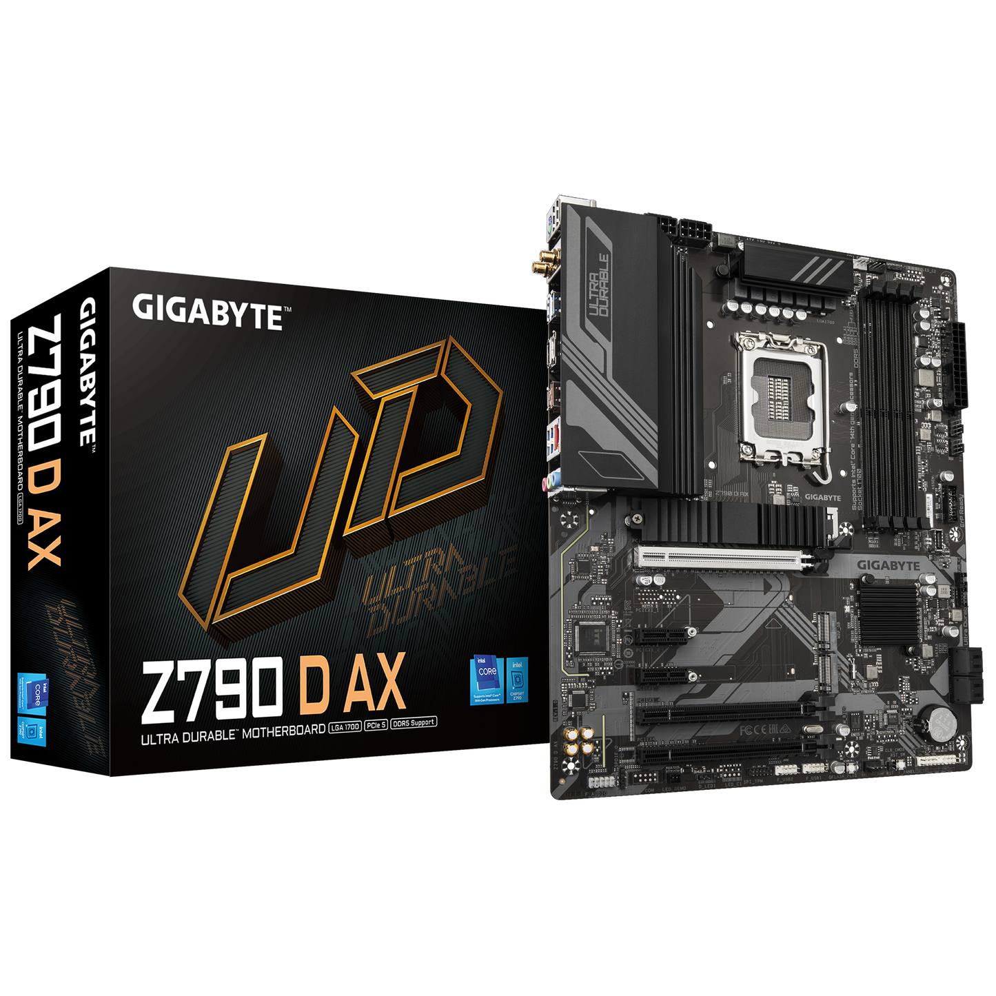 Z790 DAX motherboard front view with heatsinks and PCIe slots