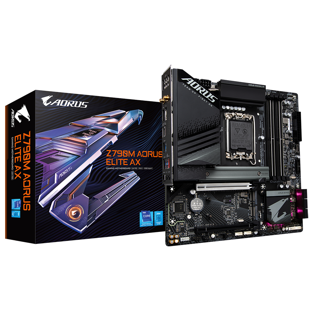Gigabyte Z790M AORUS Elite AX motherboard front view with heatsinks and PCIe slots