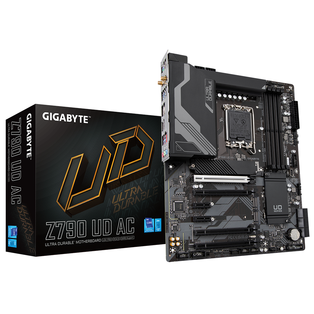 Gigabyte Z790 UD AC motherboard front view with PCIe slots and heatsinks