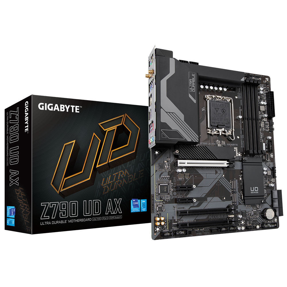 Gigabyte Z790 UD AC motherboard top view with heatsinks and expansion slots