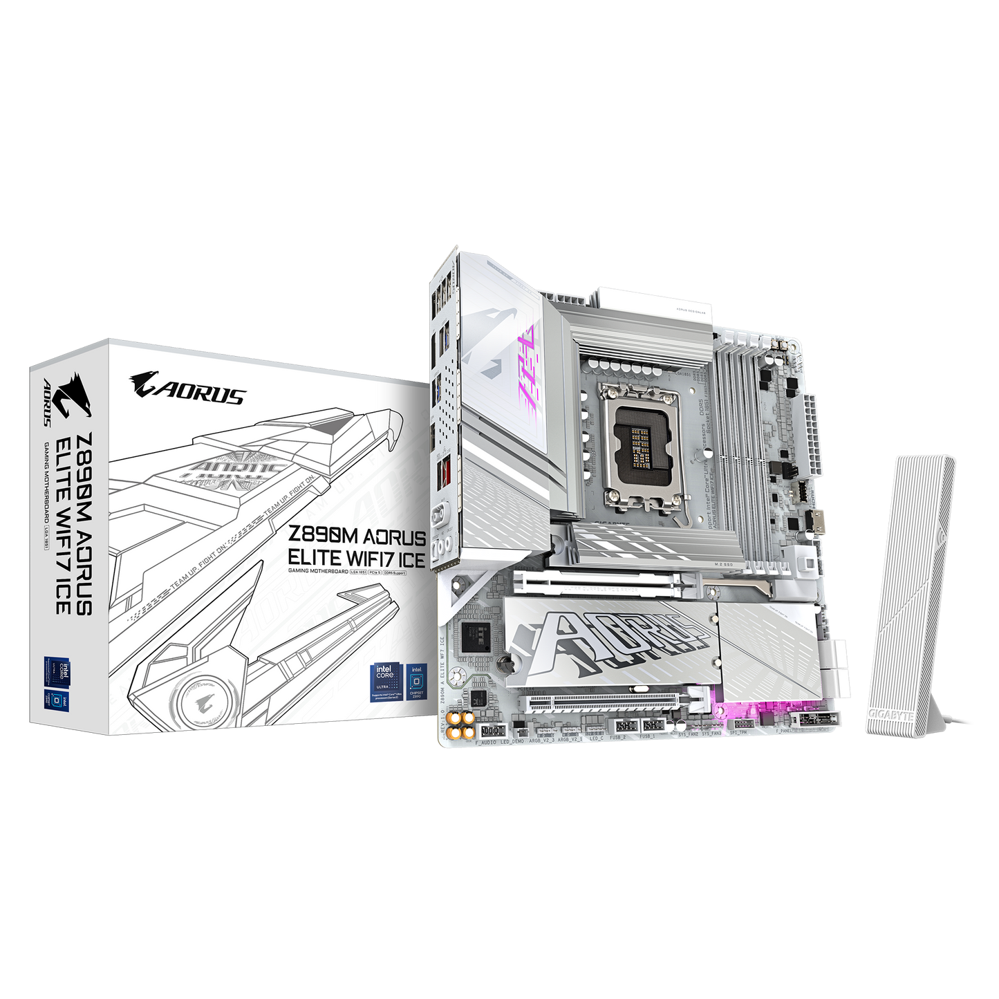 Gigabyte Z890M AORUS Elite WiFi7 Ice motherboard full white design with DDR5 slots and PCIe 5.0