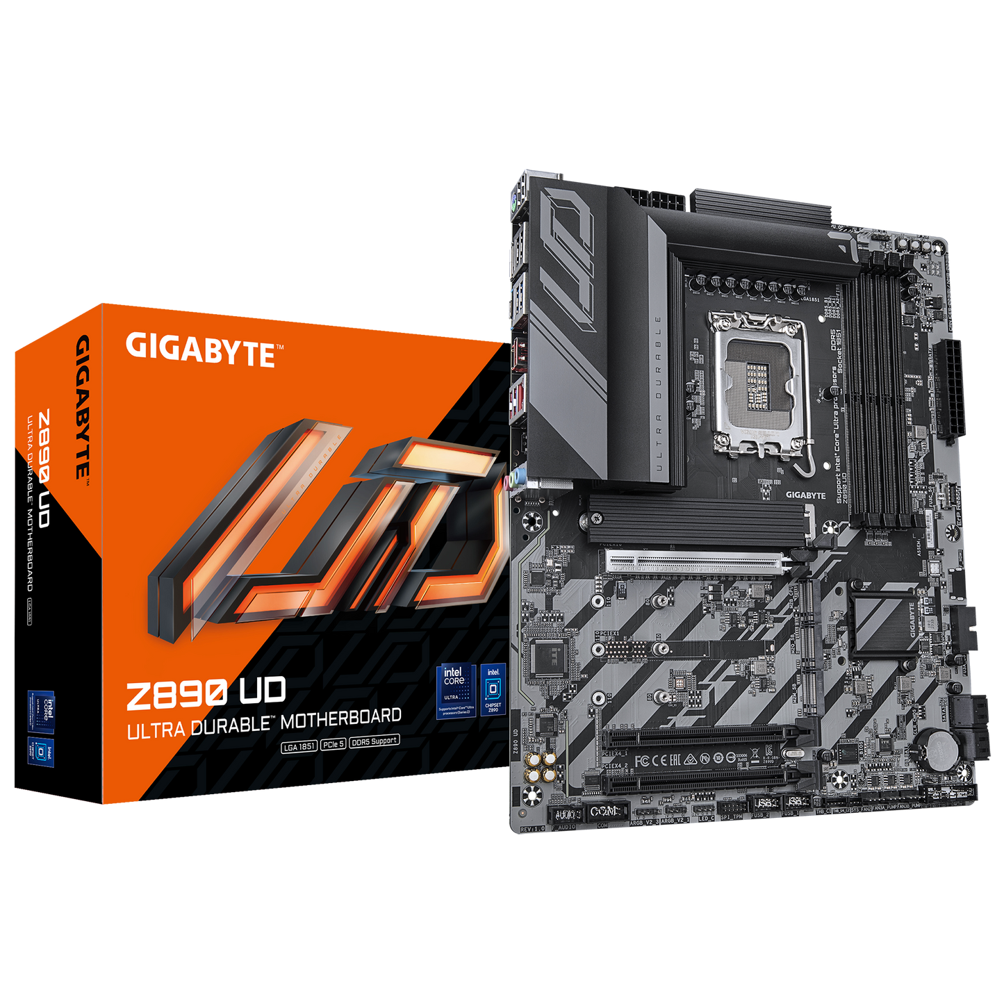 Gigabyte Z890 UD motherboard full layout with DDR5 RAM slots and PCIe 5.0 graphics slot