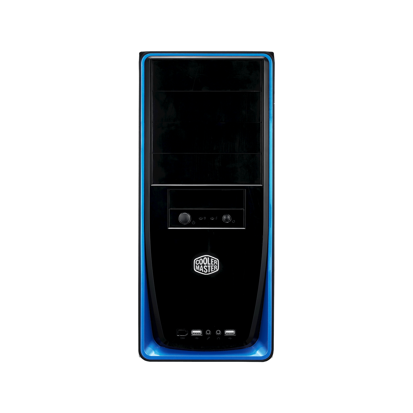 Full Side Perspective of Cooler Master Elite 310 highlighting the Sleek Silver and Blue Accents