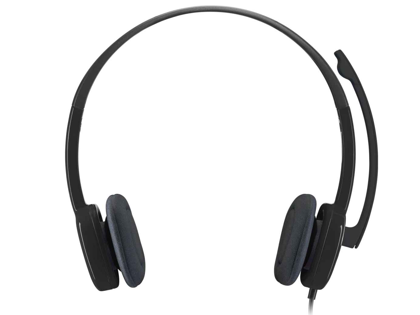 Side profile of the Logitech H151 Stereo Headset highlighting the adjustable headband and 180-degree rotating microphone.