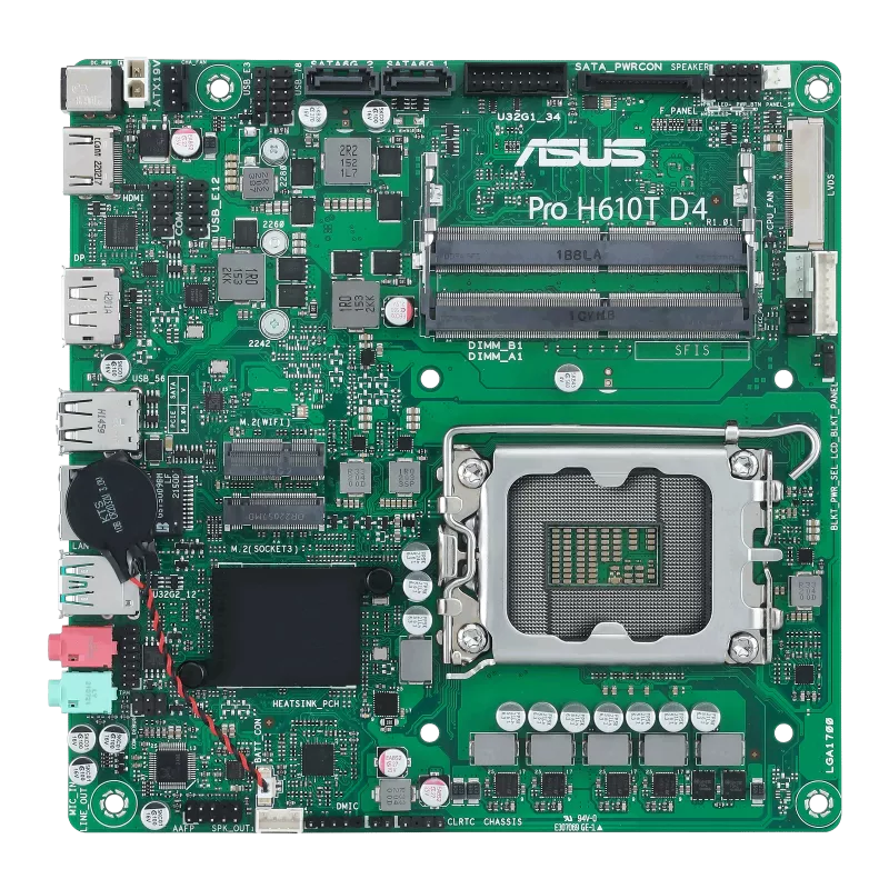 ASUS Pro H610T D4-CSM thin mini-ITX motherboard full layout with Intel LGA 1700 socket