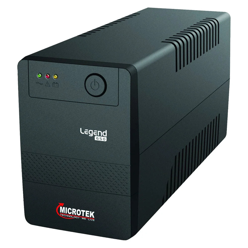 Front view of Microtek Legend 650 UPS highlighting the power button and LED indicator