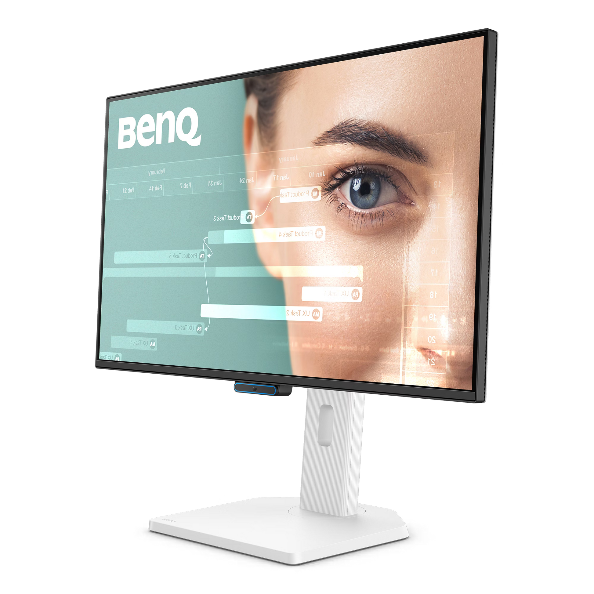 Angled perspective of the BenQ GW2790TC monitor highlighting the premium matte black finish and sturdy adjustable height stand.
