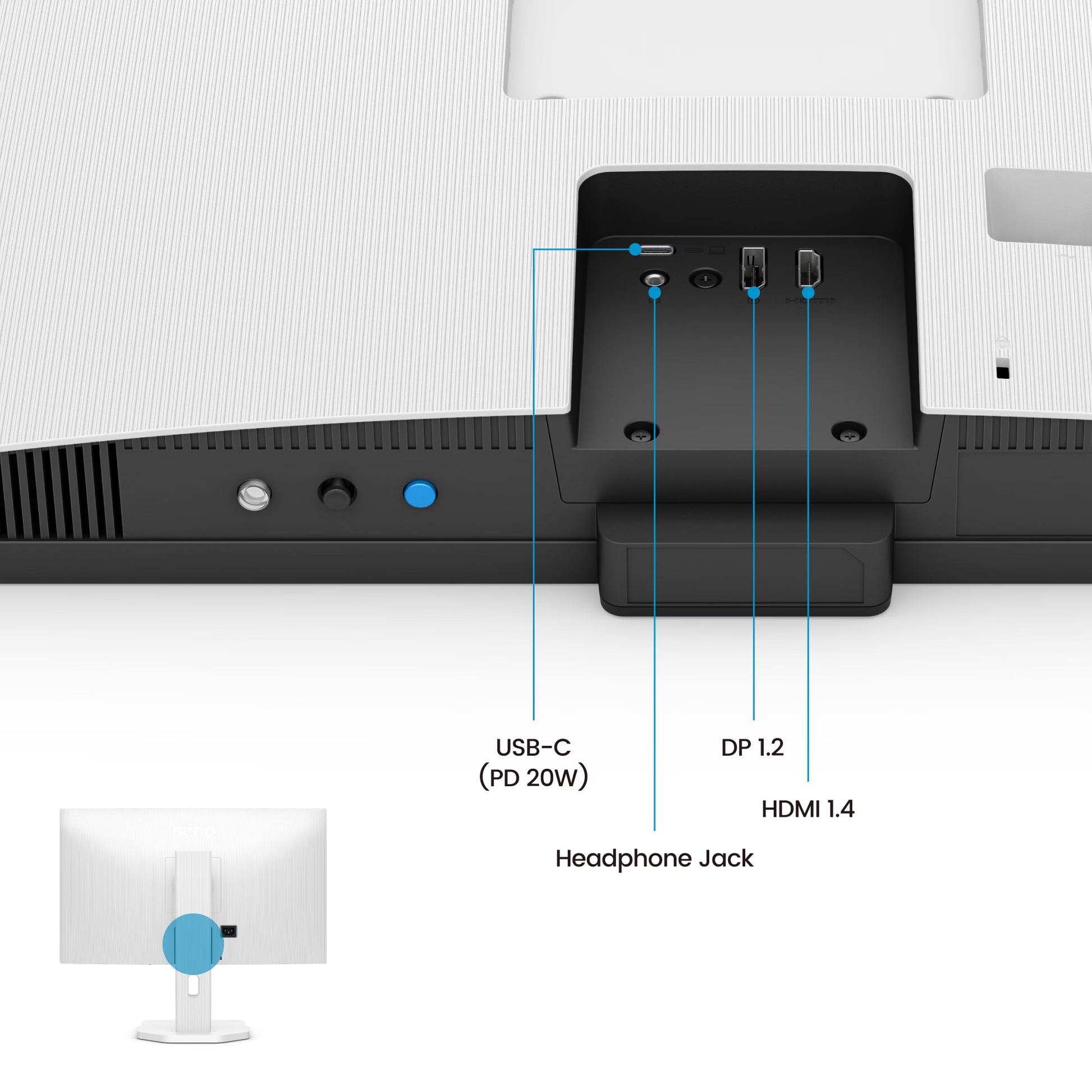 Detailed view of the ergonomic stand column on the BenQ GW2790TC, designed to maximize desk space and comfort.
