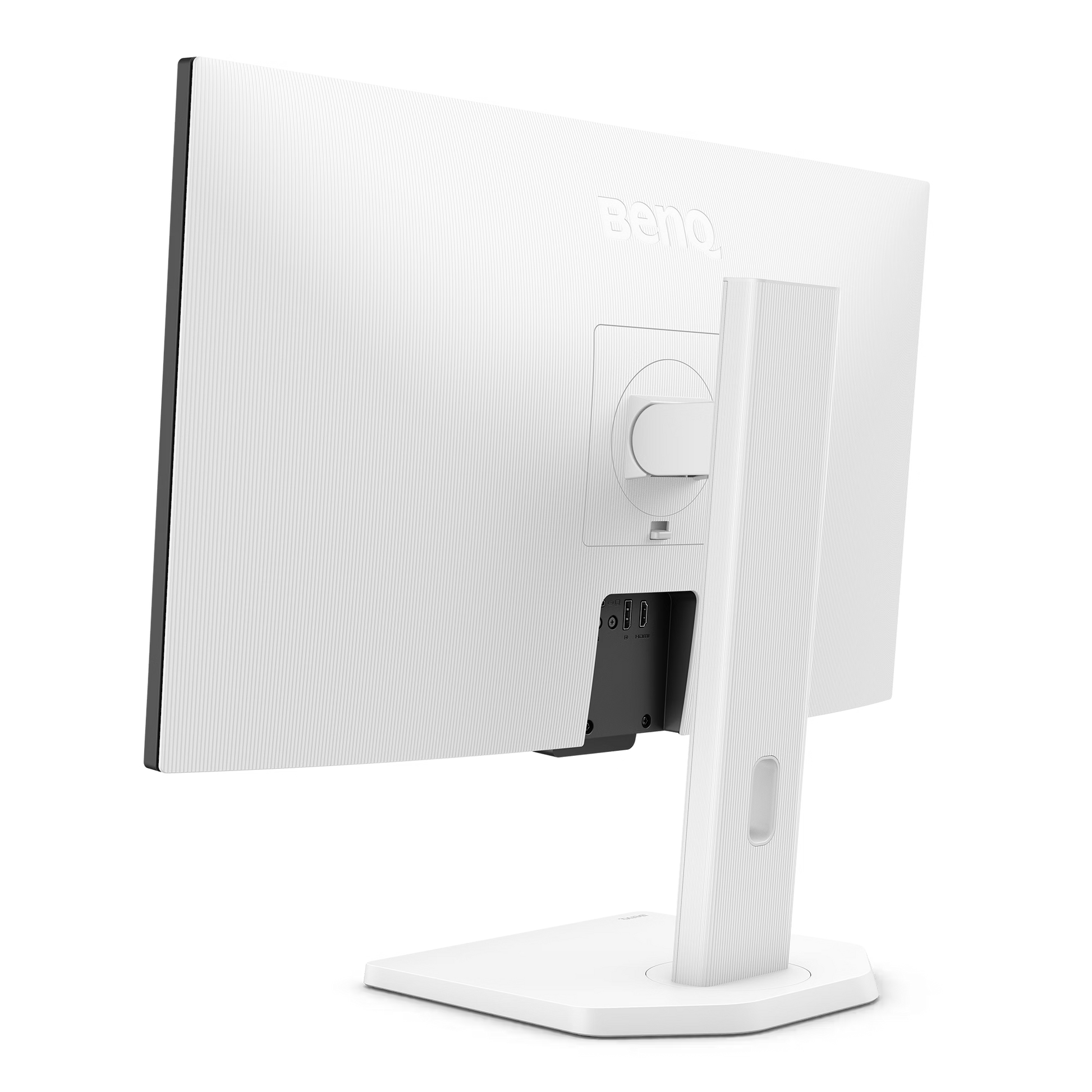 BenQ GW2790TC monitor rotated into portrait mode, demonstrating its 90-degree pivot capability for coding and vertical workflows.
