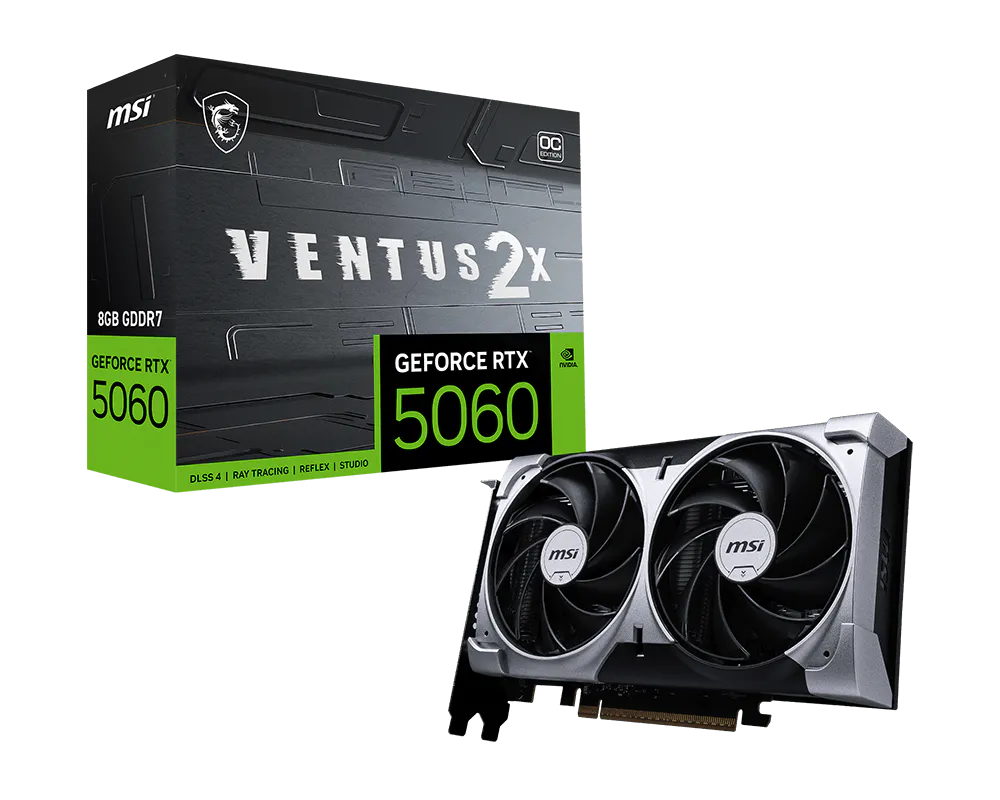 NVIDIA GeForce RTX 5060 8GB V OC graphics card full view with dual fan cooling design
