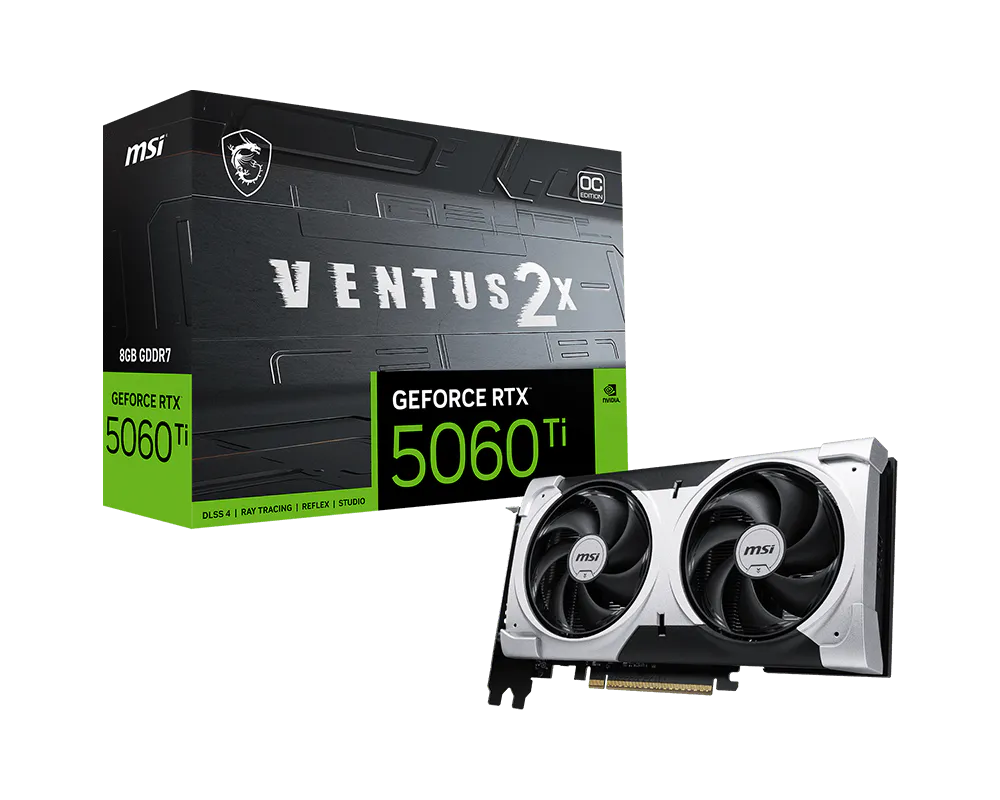 NVIDIA GeForce RTX 5060 Ti 8GB V2X OC graphics card full view with dual fan cooling design
