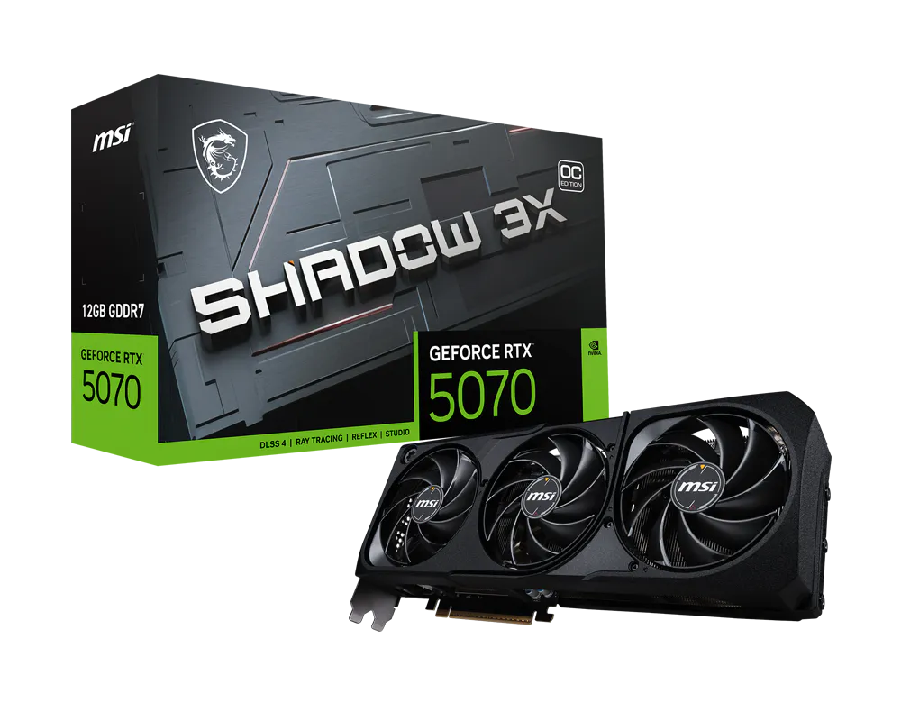 NVIDIA GeForce RTX 5070 12GB S3X OC graphics card full view with triple fan cooling design
