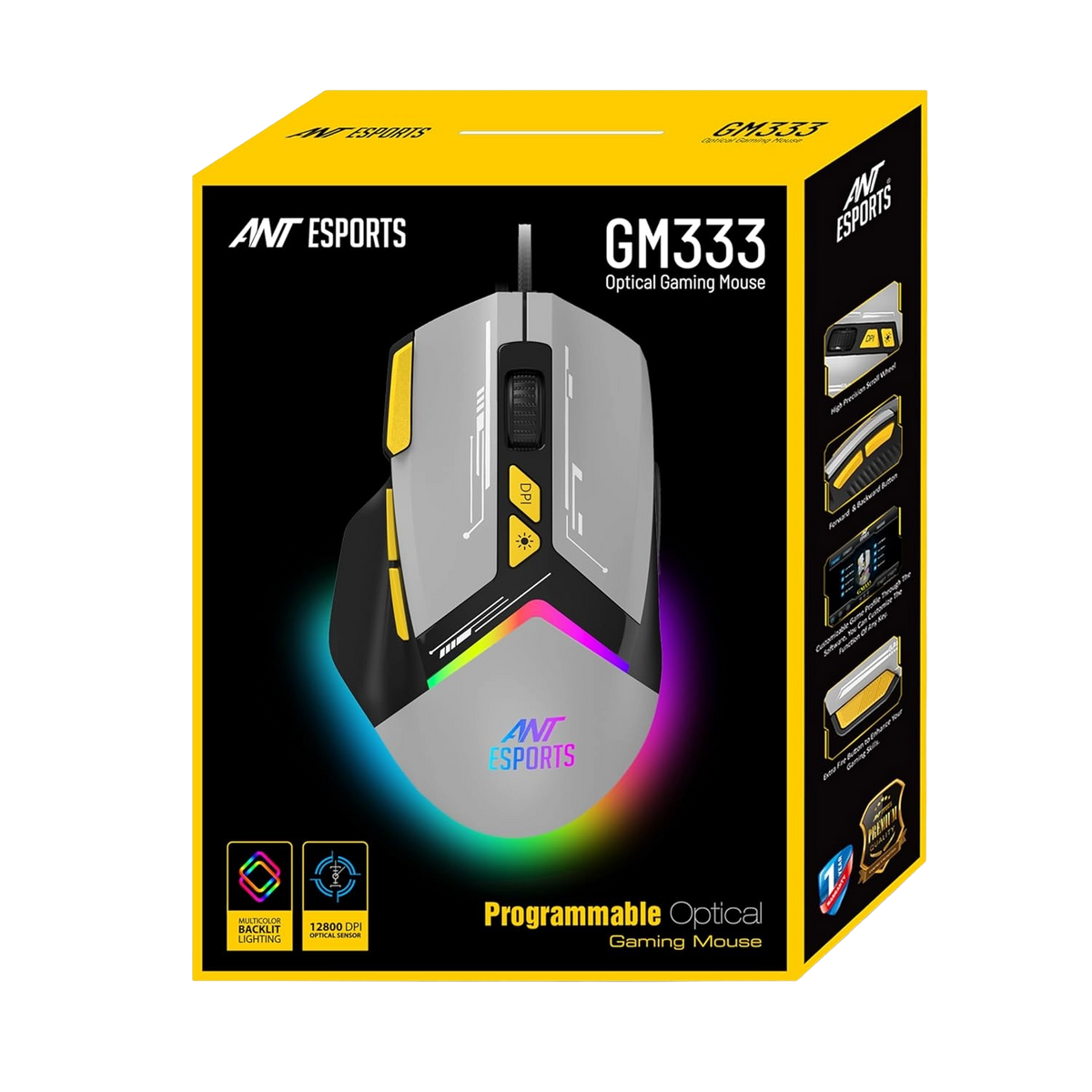 Ant Esports GM333 Wired Optical RGB Gaming Mouse — Up to 12800 DPI | 6 DPI Levels | 1000Hz Polling Rate | 8 Programmable Buttons | Huano Switches | RGB | 1.5m Braided Cable (Black)