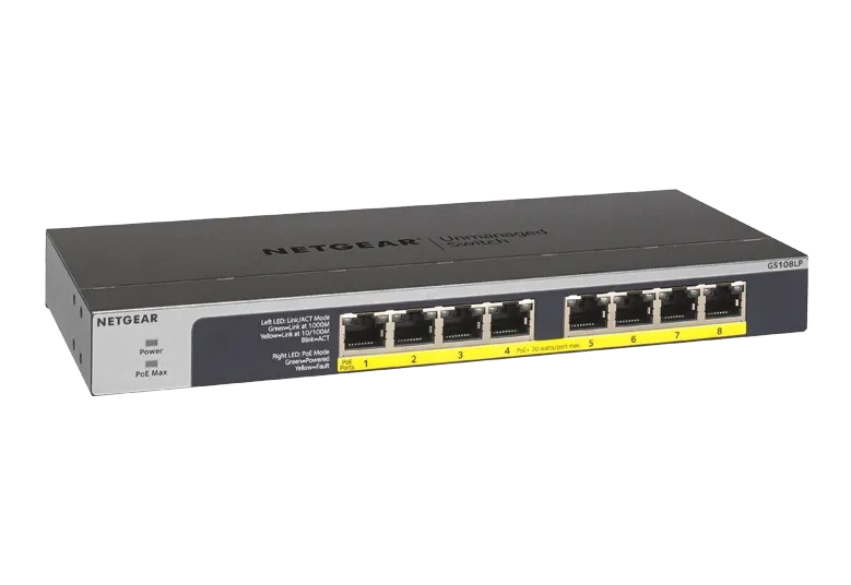 NETGEAR GS108LP 8-Port Gigabit PoE+ Unmanaged Switch with FlexPoE — 60W | Business | Gigabit | Desktop / Rackmount (GS108LP-100INS)