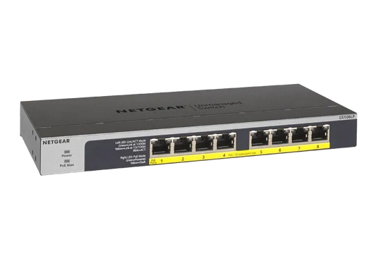 NETGEAR GS108LP 8-Port Gigabit PoE+ Unmanaged Switch with FlexPoE — 60W | Business | Gigabit | Desktop / Rackmount (GS108LP-100INS)